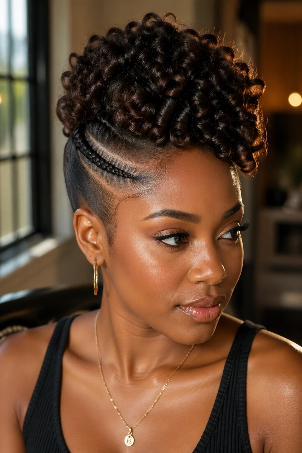 Close-up of real woman with goddess updo and side cornrow accent.