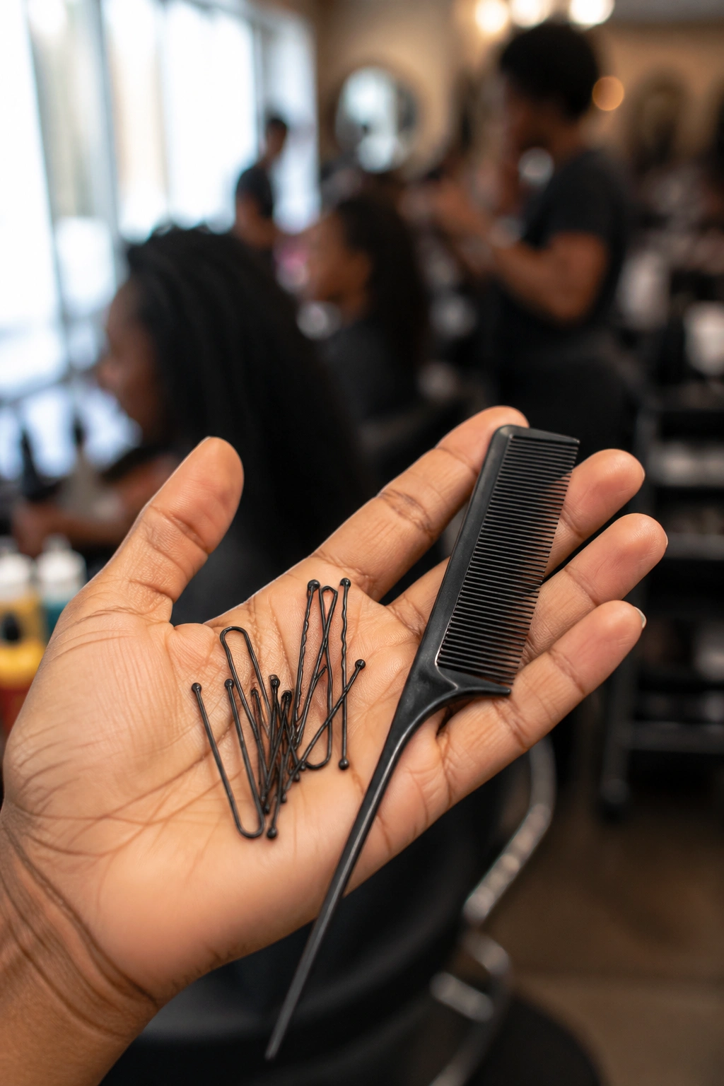 Macro shot of hair tools (U-pins and comb) in a salon context