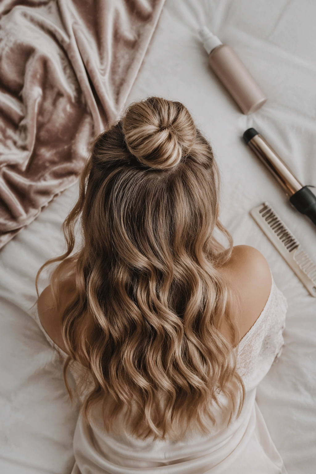 Tiny bun with dramatic goddess waves for ethereal bridal look