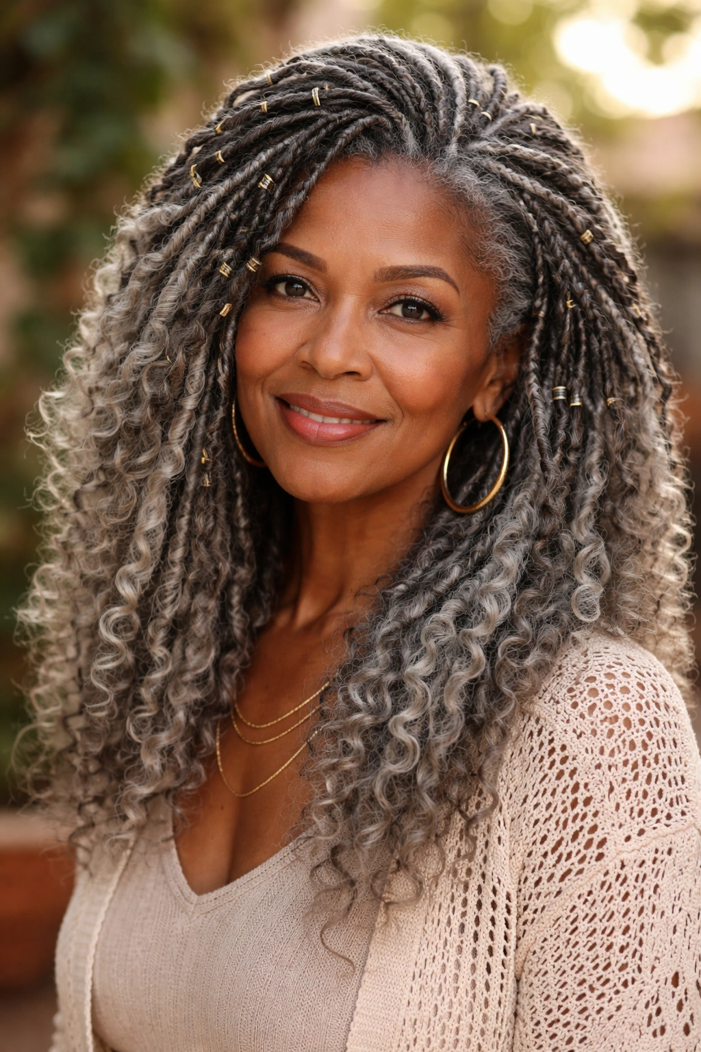 Close-up of a real woman with goddess locs over grey curls