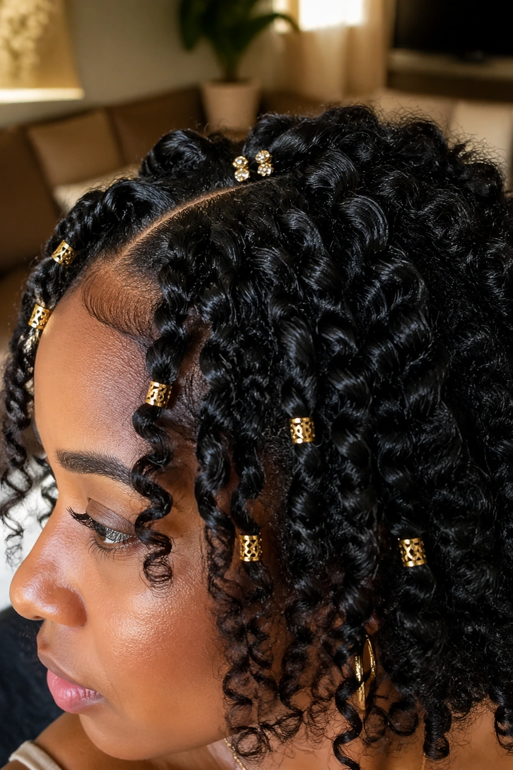 Close-up of a real person with juicy curls and gold accessories