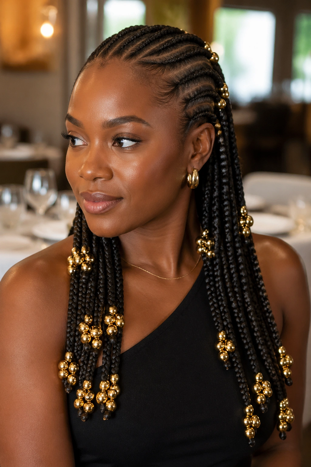 Woman with cornrows featuring gold bead clusters along each braid