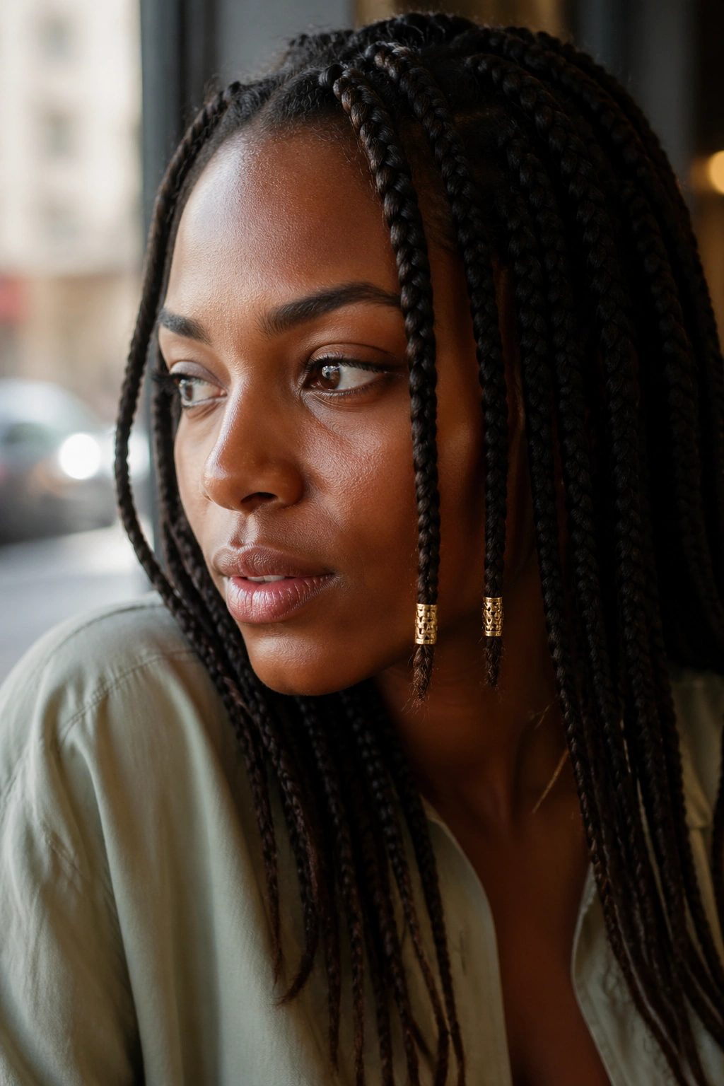 Close-up of a real woman with front braids accented by gold beads.