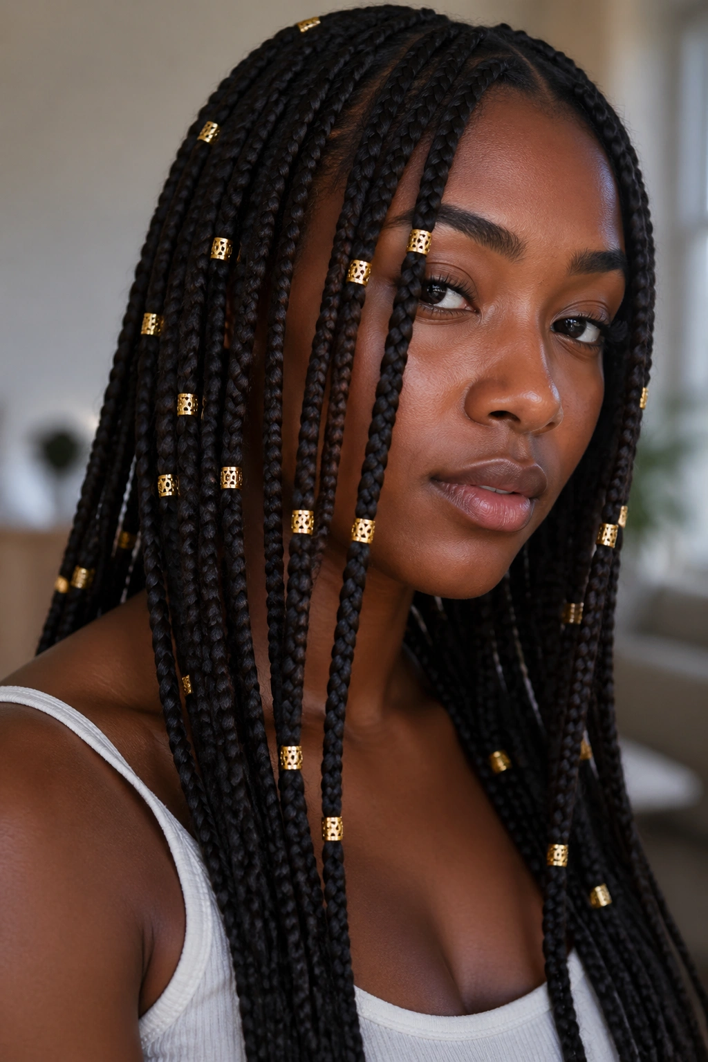 Close-up of a real person with gold beads along dark box braids.