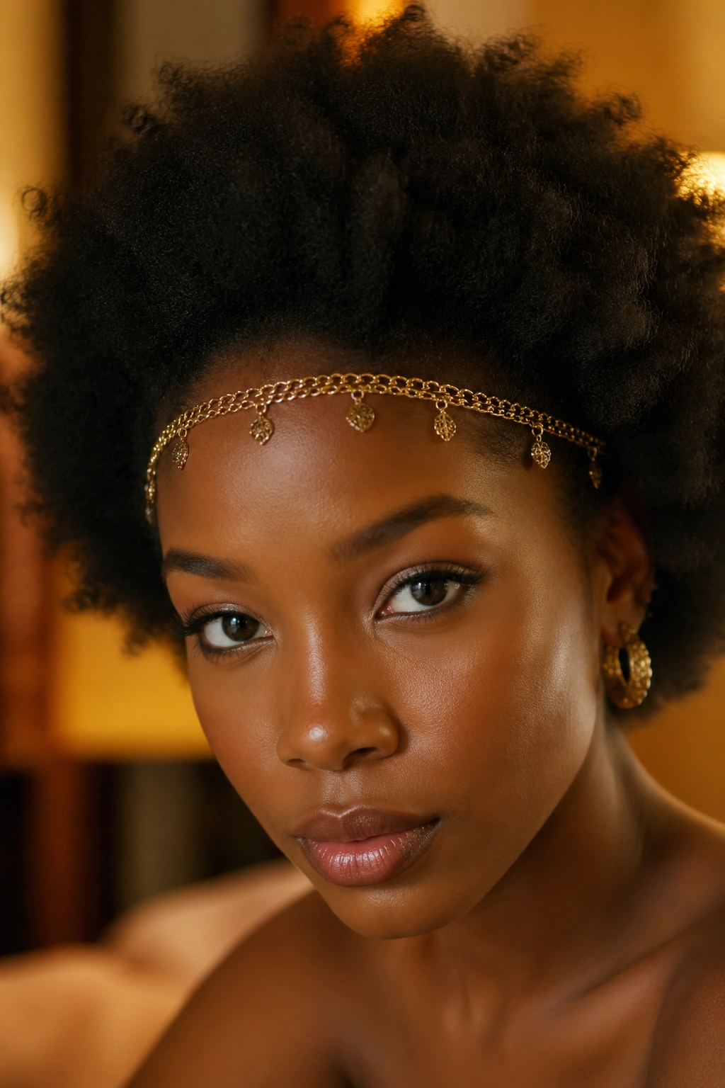 Close-up portrait with a gold chain headband across the forehead on an Afro