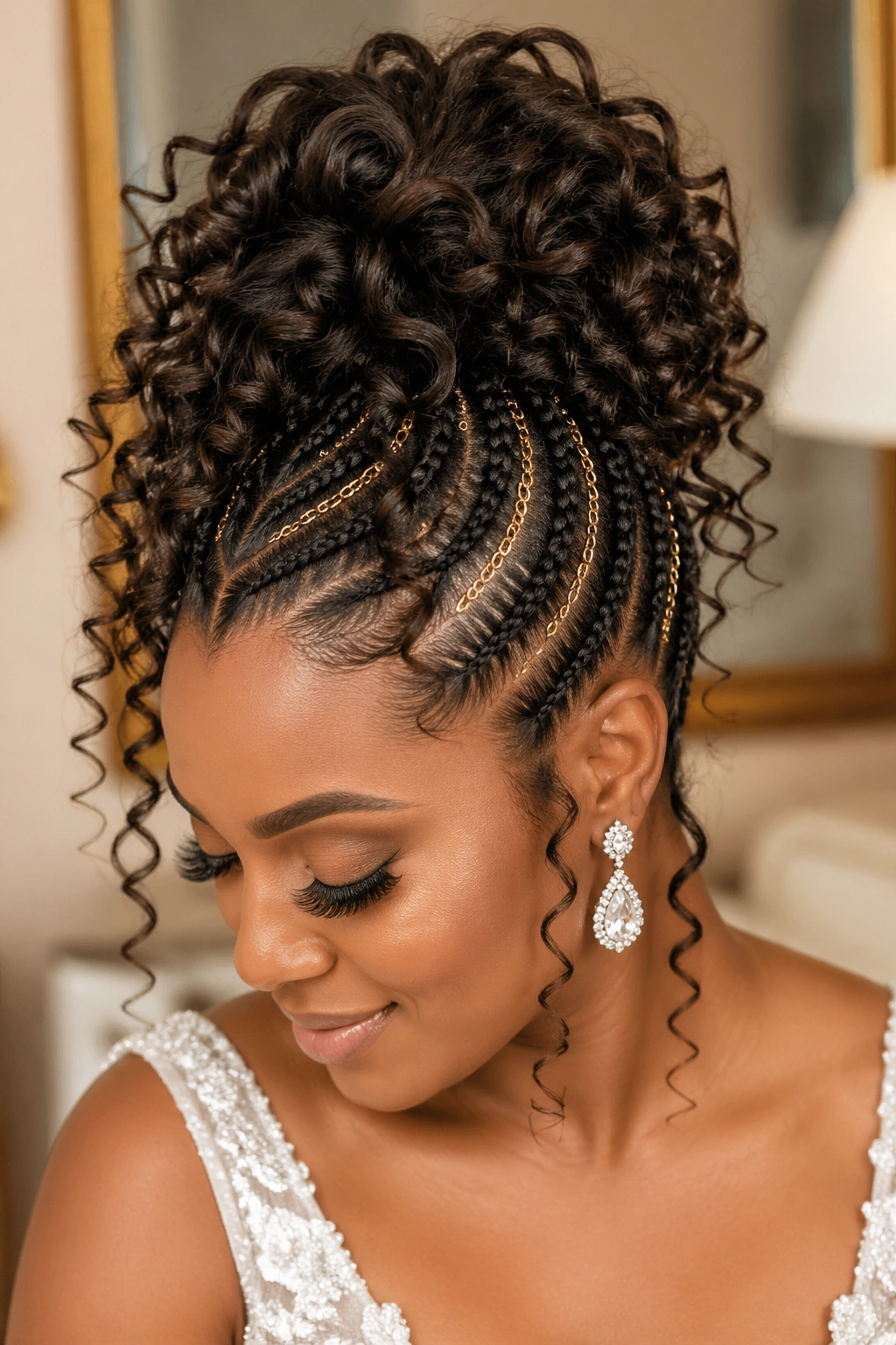 Portrait of a woman with cornrow updo featuring gold chain accents