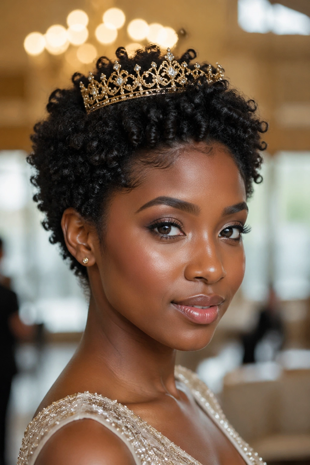 Real woman wearing a small gold crown on top of short curls