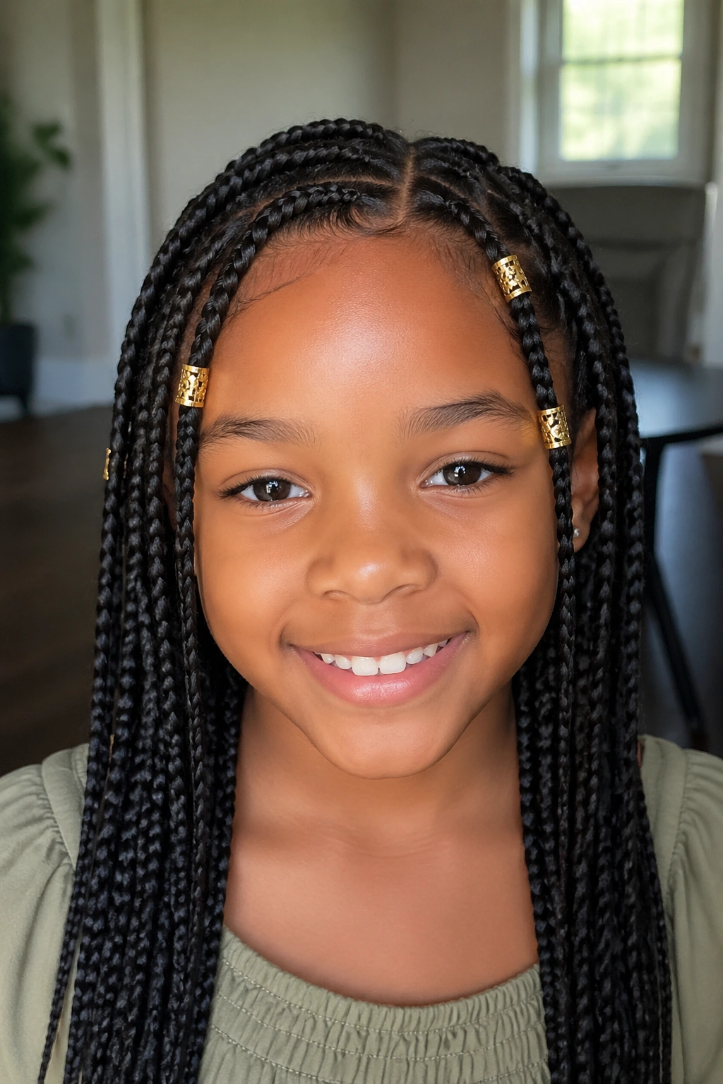 Close-up of a real child with gold-cuff box braids