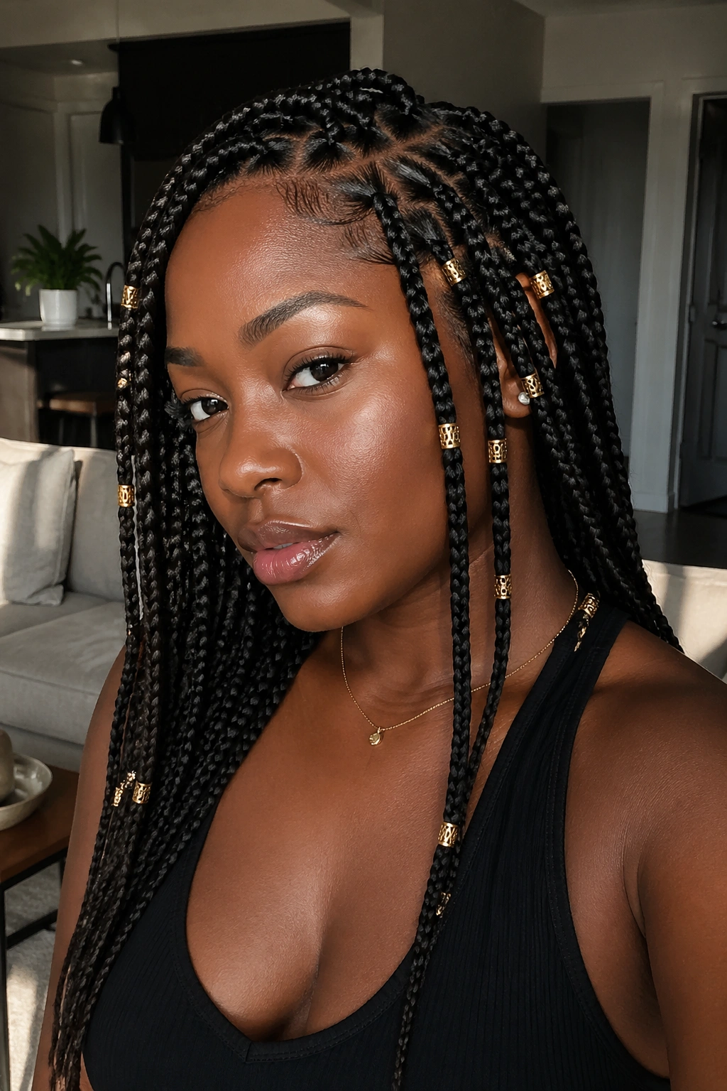 Close-up portrait of a real woman with gold-cuff box braids in a warm interior setting.