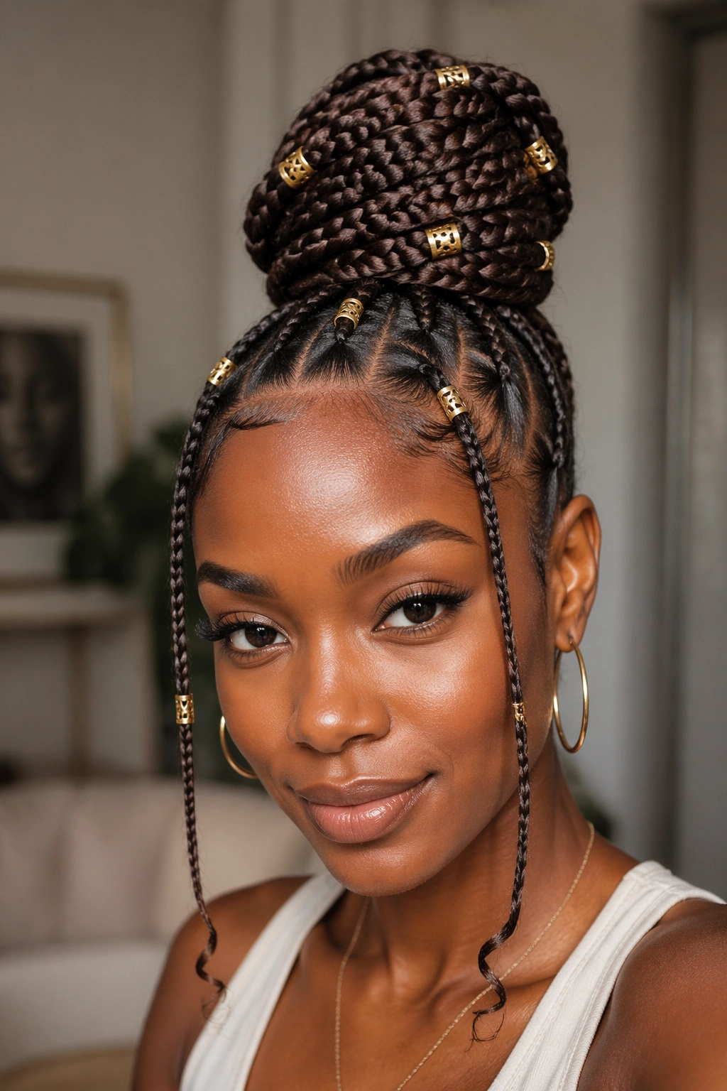 Close-up of a braided high bun with gold cuffs on a real person