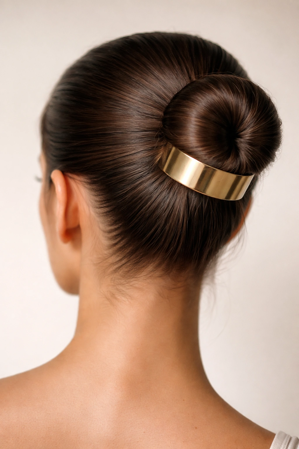 Close-up of a minimalist bun with a gold cuff accessory in a studio