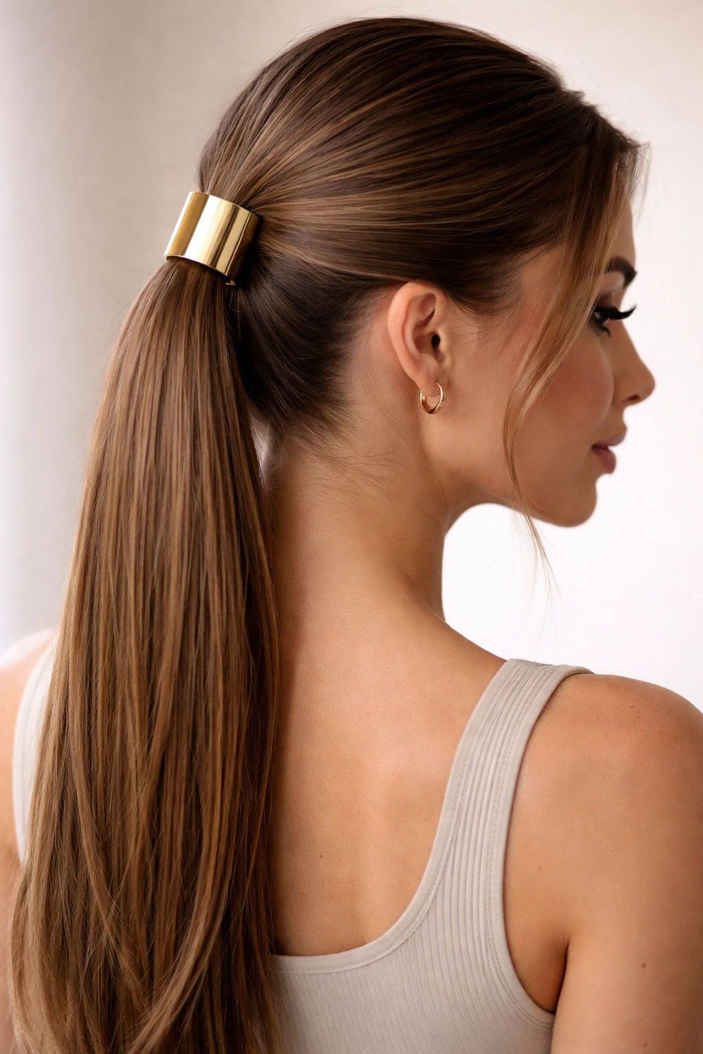 Straight half-up ponytail with a gold cuff over the elastic