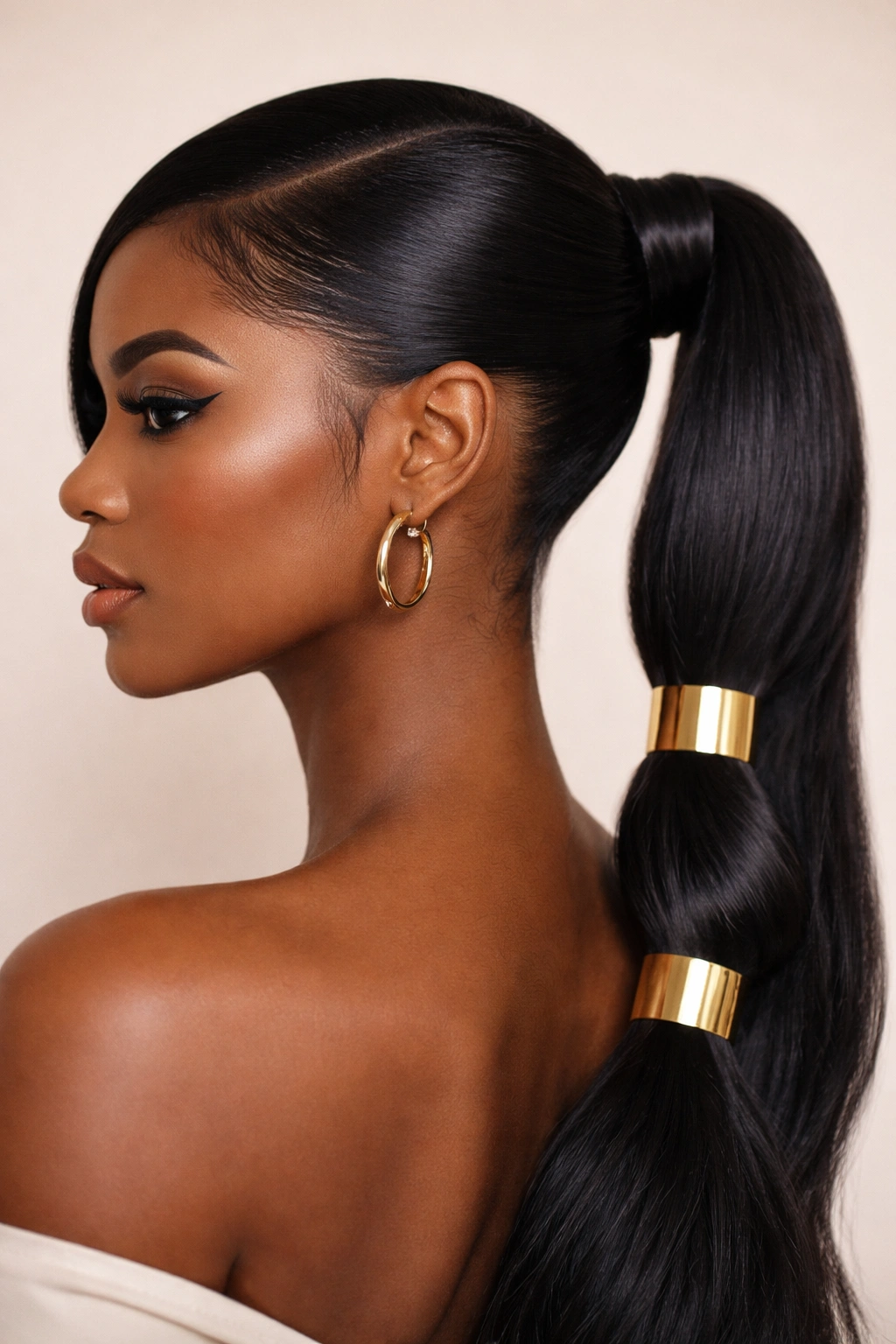 Close-up of side-part ponytail with gold cuffs on hair, highlighting metallic hardware
