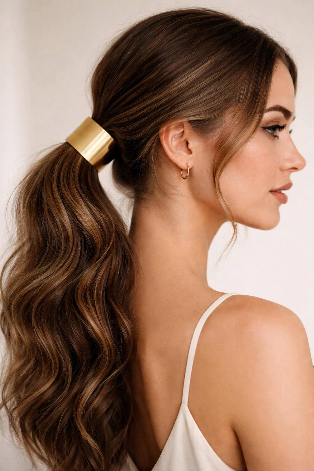 Ponytail with gold cuff accessory around elastic