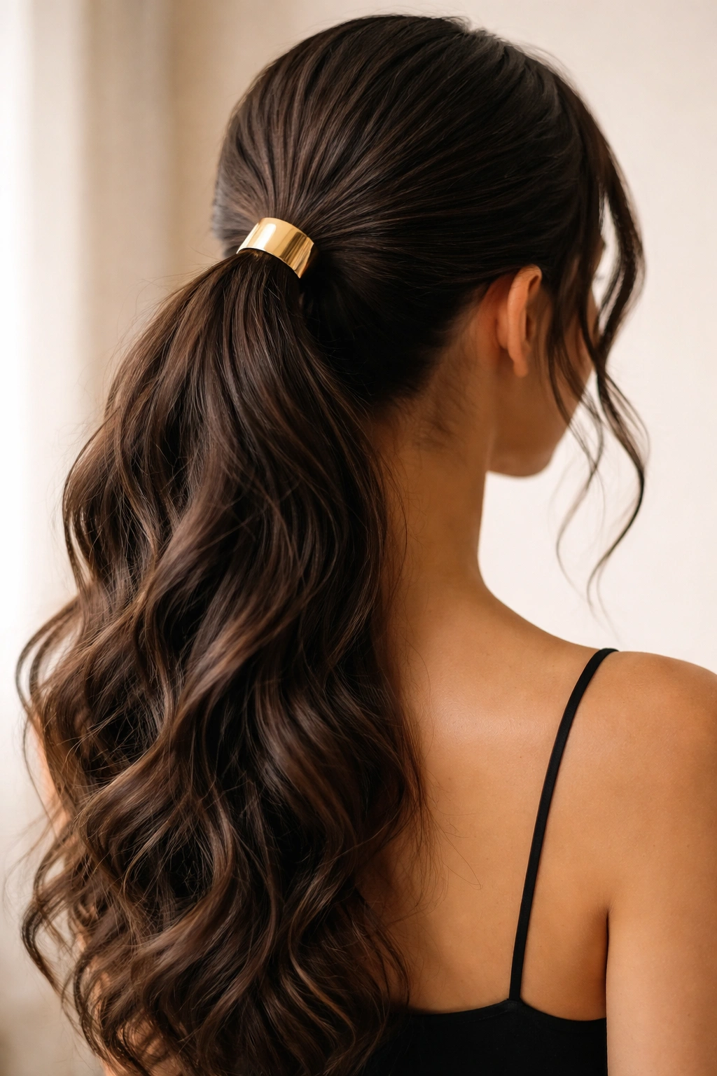 Ponytail with gold cuff at base highlighting shine on wavy hair