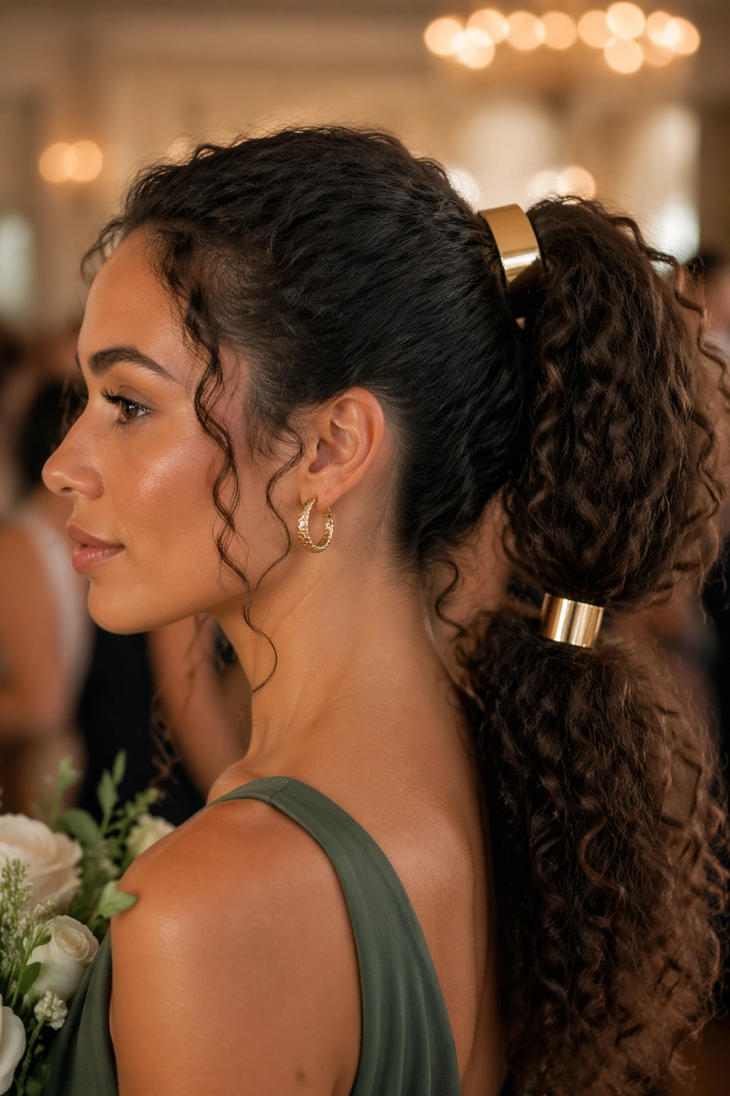 Real woman with gold cuff ponytail in elegant indoor wedding venue