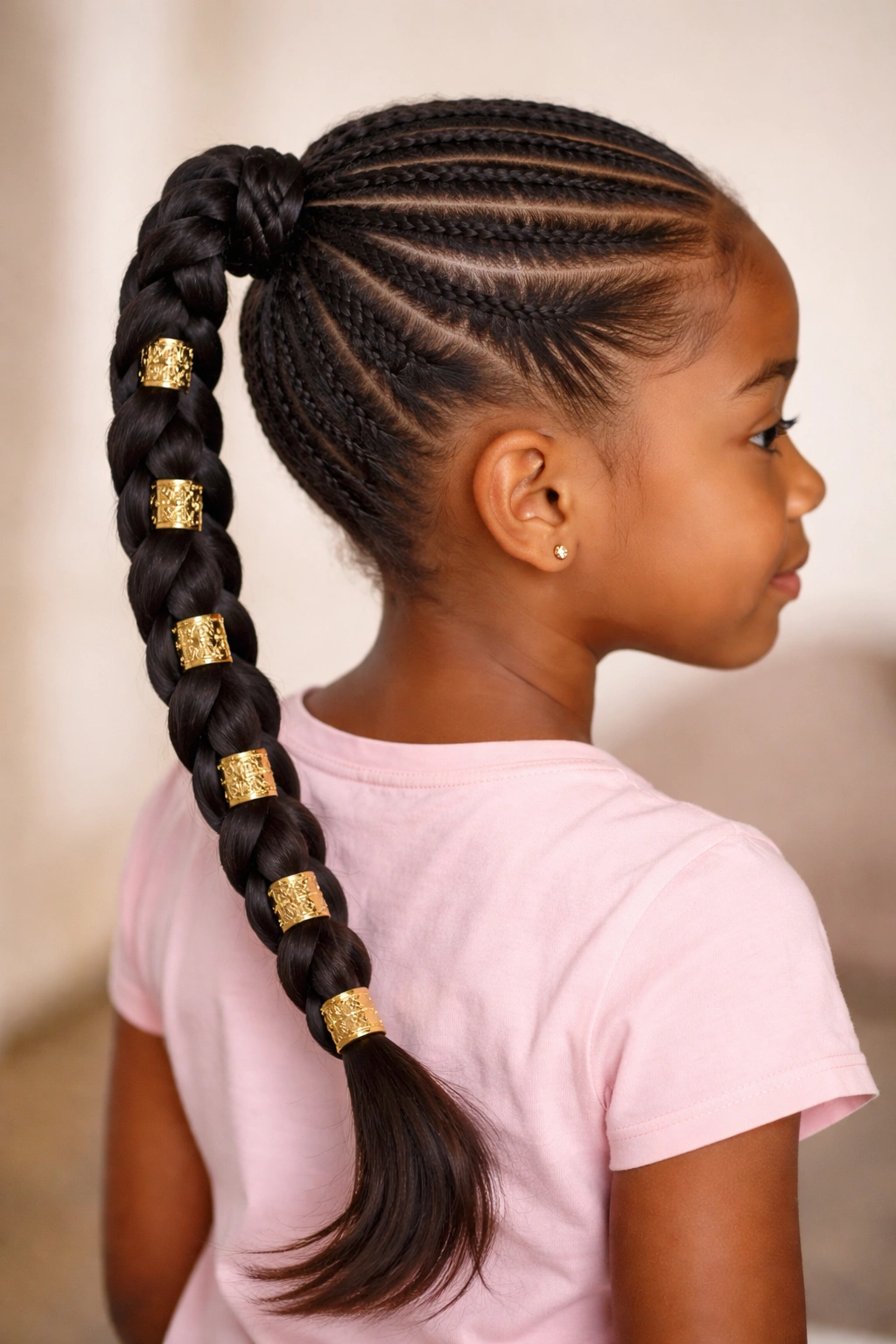 Close-up of a braid with gold cuff accents along its length