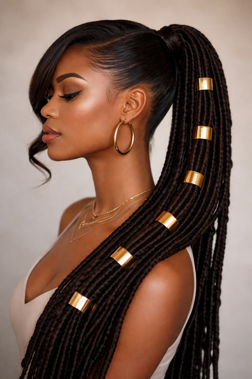 Side-swept swoop ponytail with gold cuffs along the length