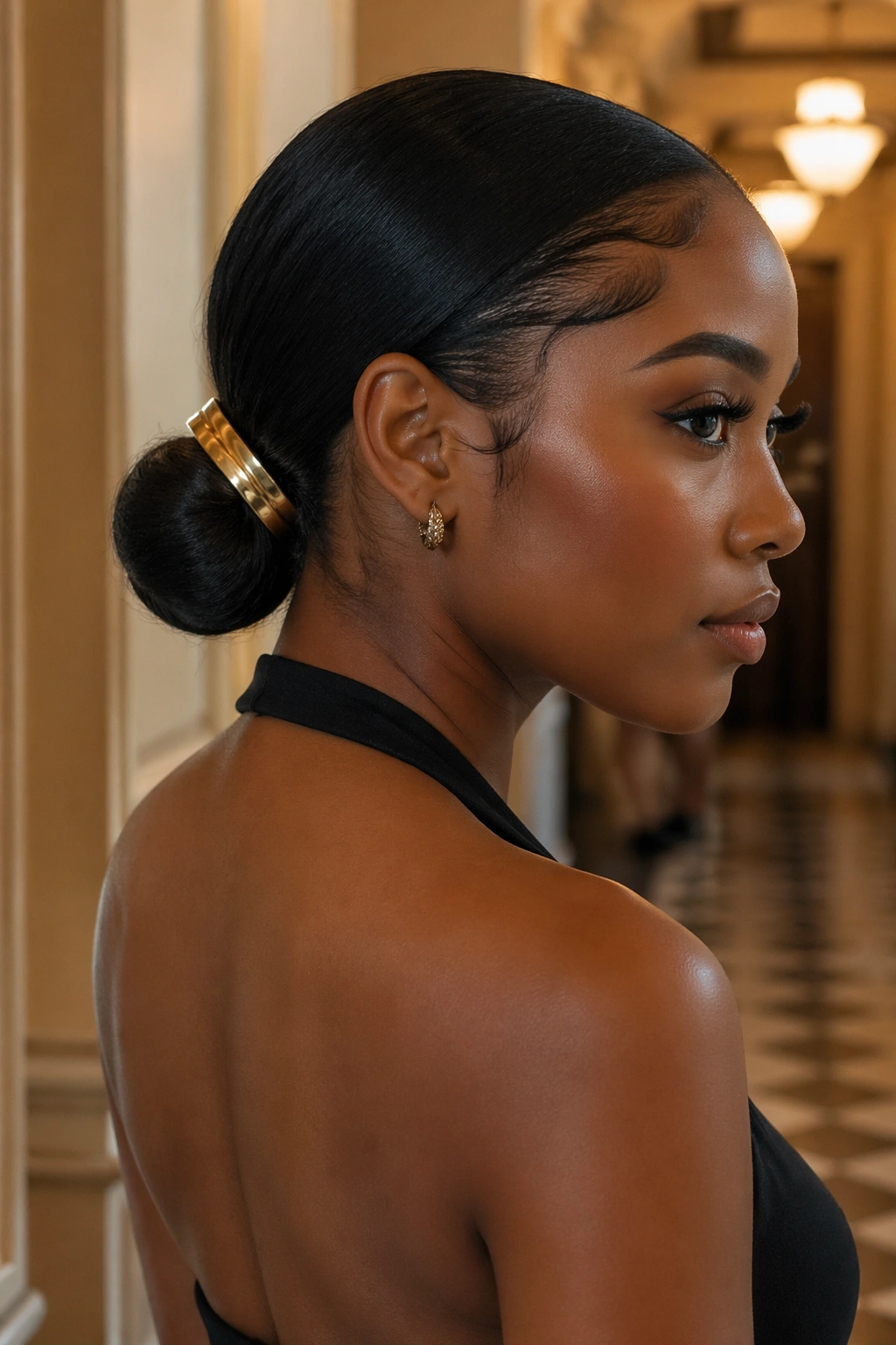 Close-up of real woman with gold cuff around sleek low bun