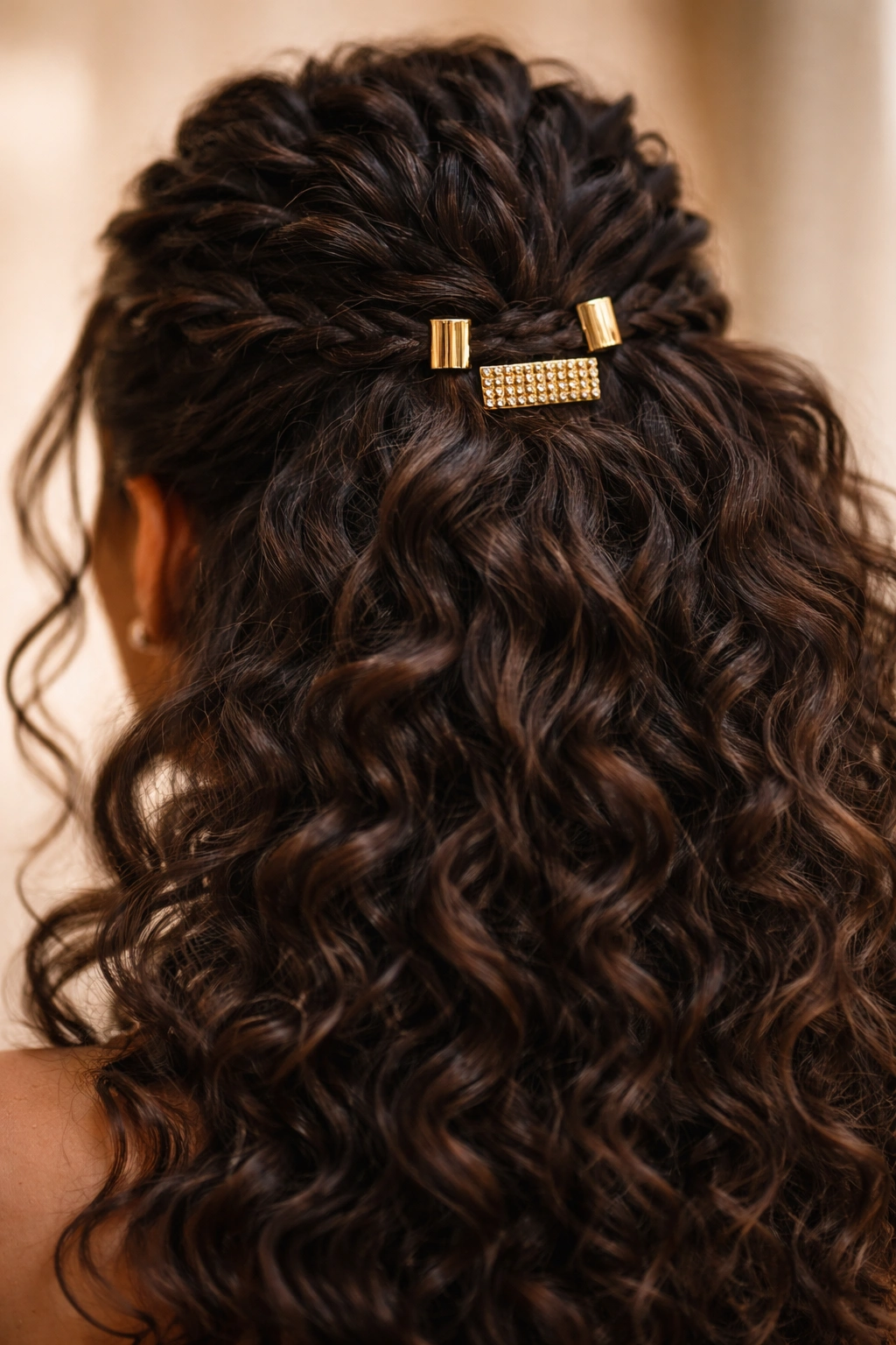 Close-up of gold cuffs and accent clips on curly half-up hairstyle