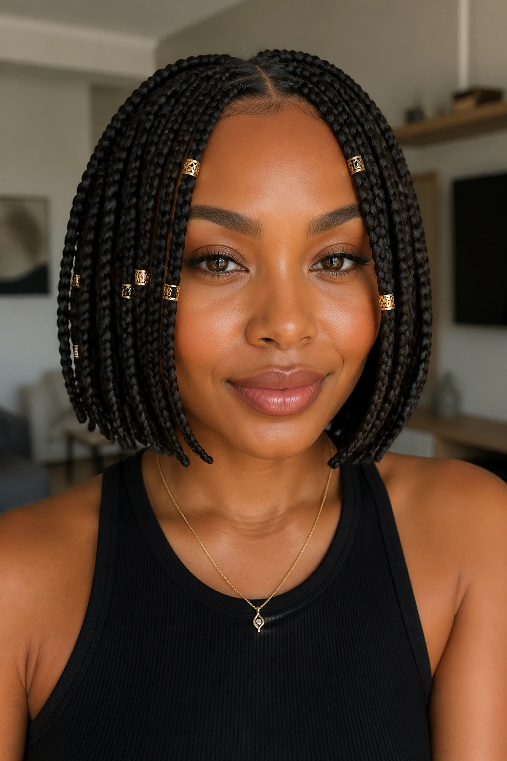 Close-up of a real woman wearing gold-cuffed bob-length box braids.
