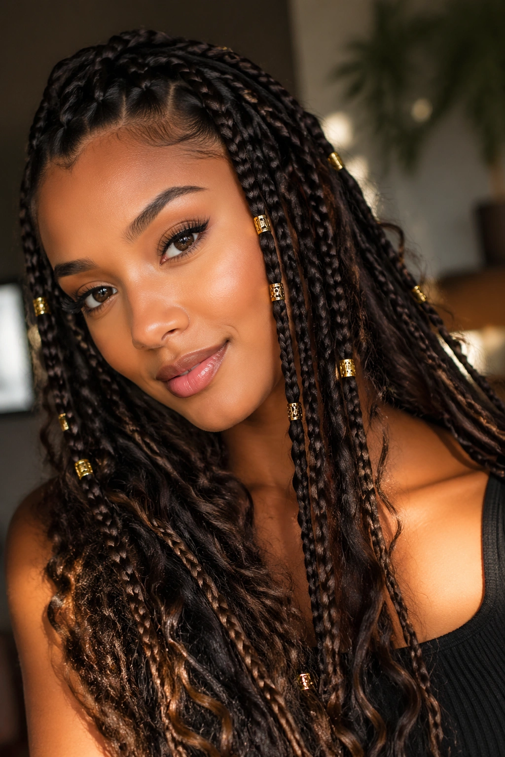 Close-up of a woman with gold cuffed boho box braids