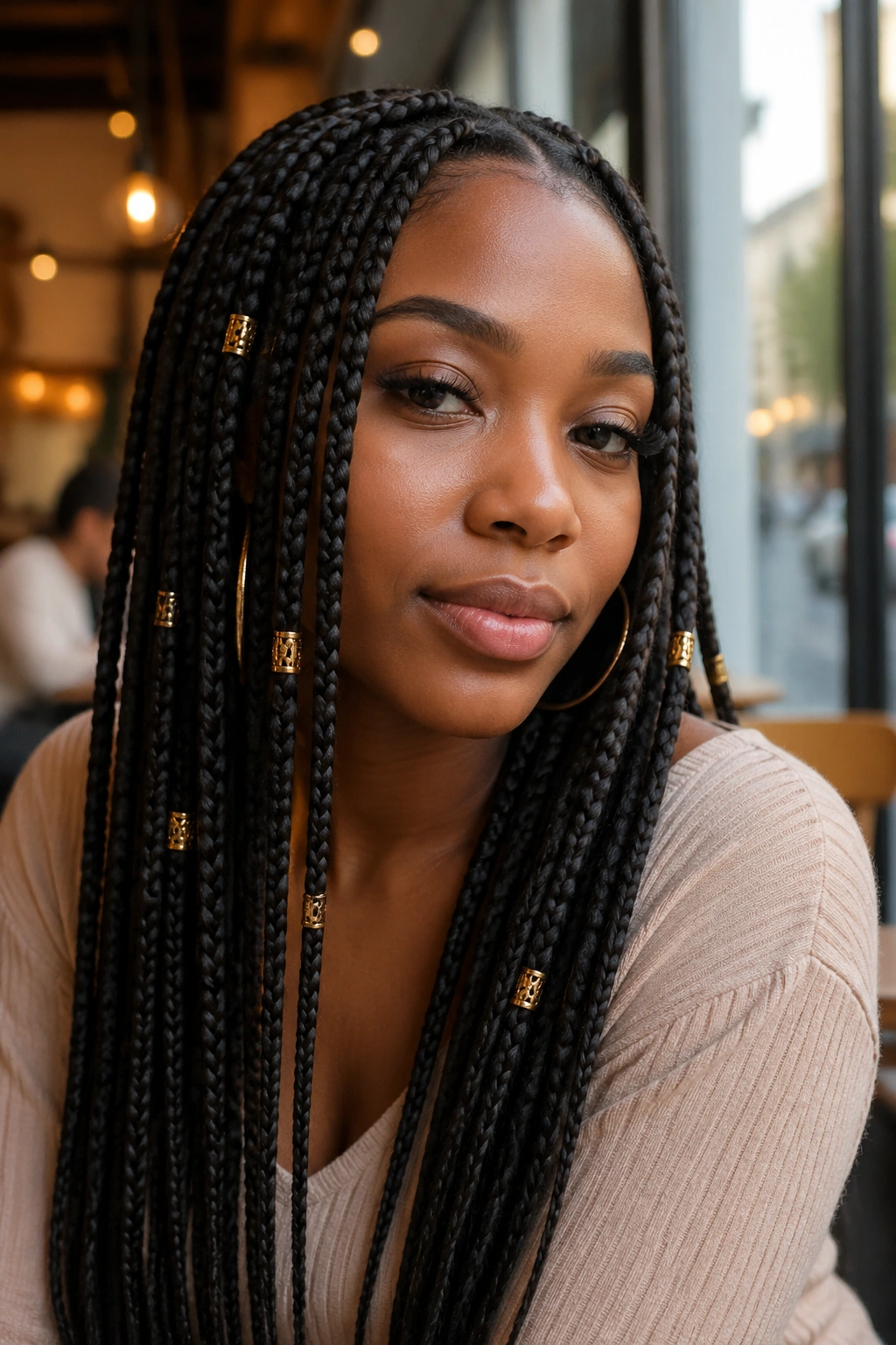 Close-up of a real woman with long box braids and gold cuffs in a chic cafe setting