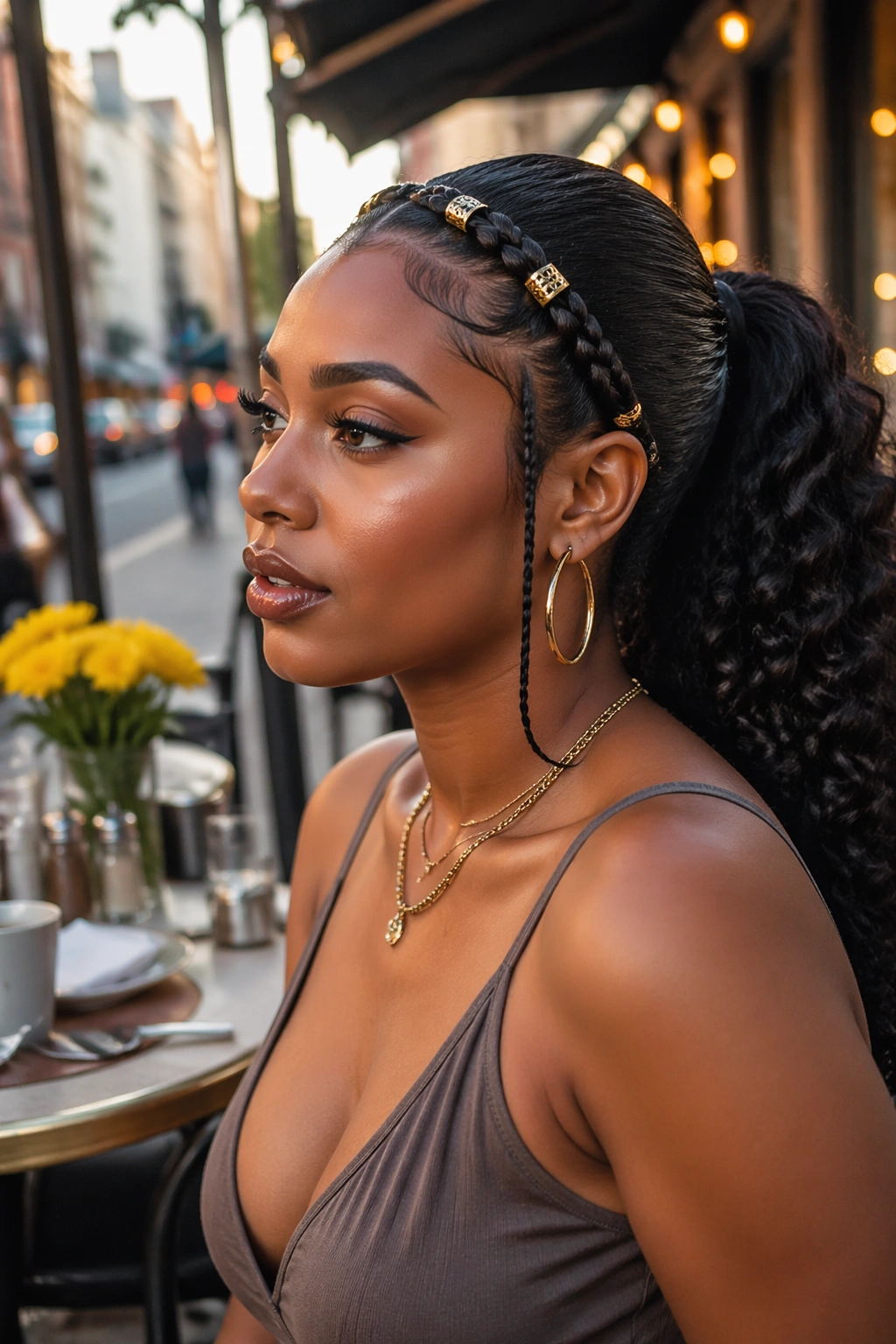 Hero shot of mid ponytail with gold cuffs and braided accent