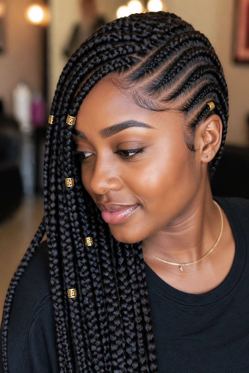 Close-up of a real woman with lemonade box braids and gold cuffs on front braids