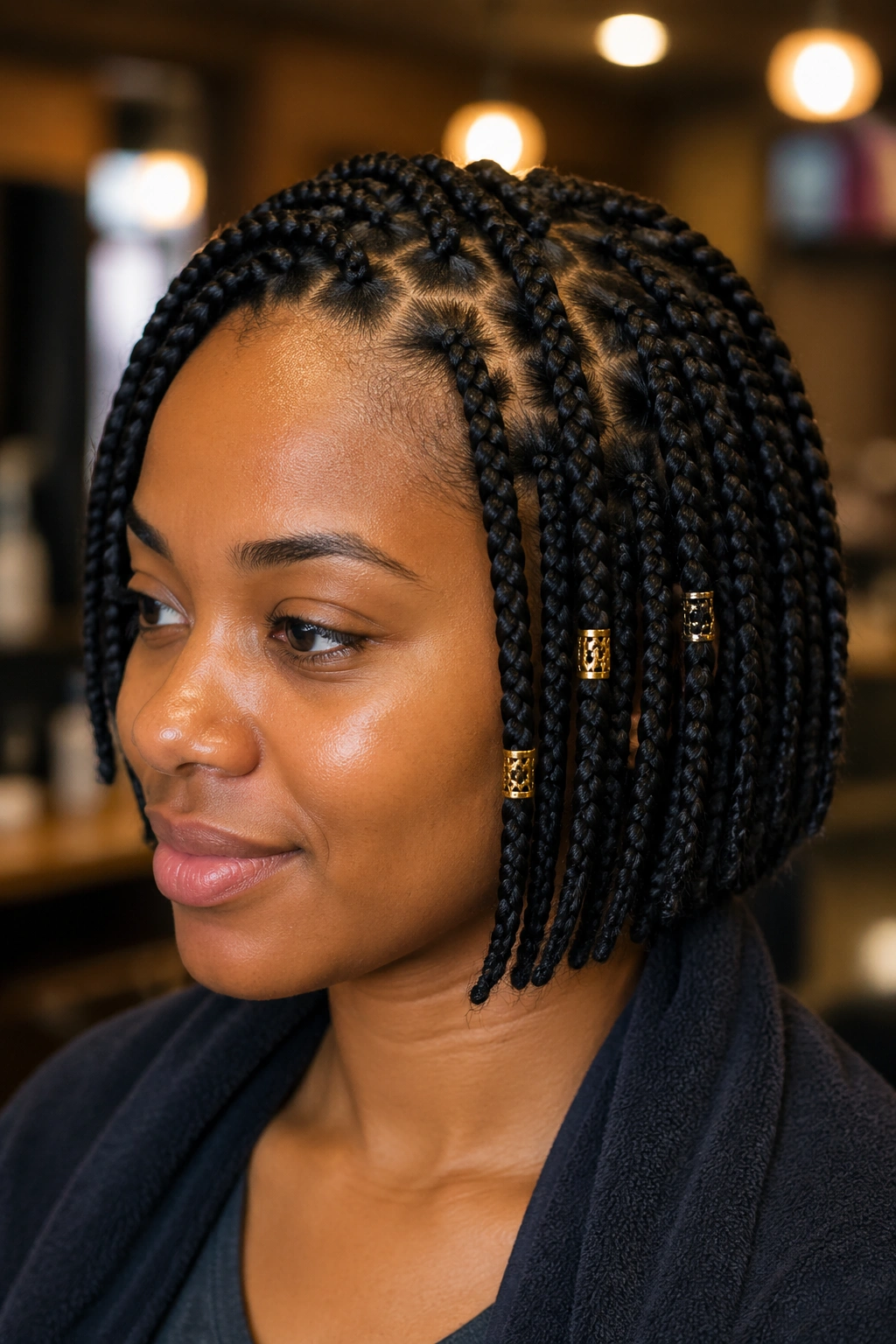 Close-up of short box braids with gold cuffs on a real person in a salon