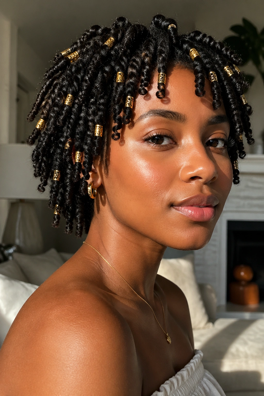 Close-up of coil curls with gold cuffs on several coils