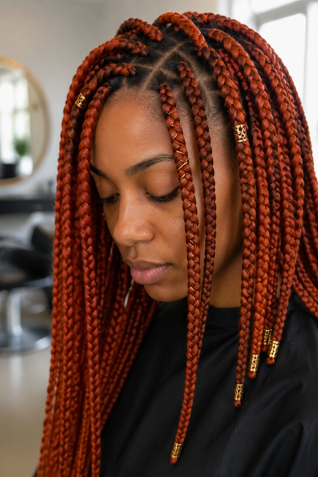 Real person with gold cuffs and copper thread on orange-red box braids.