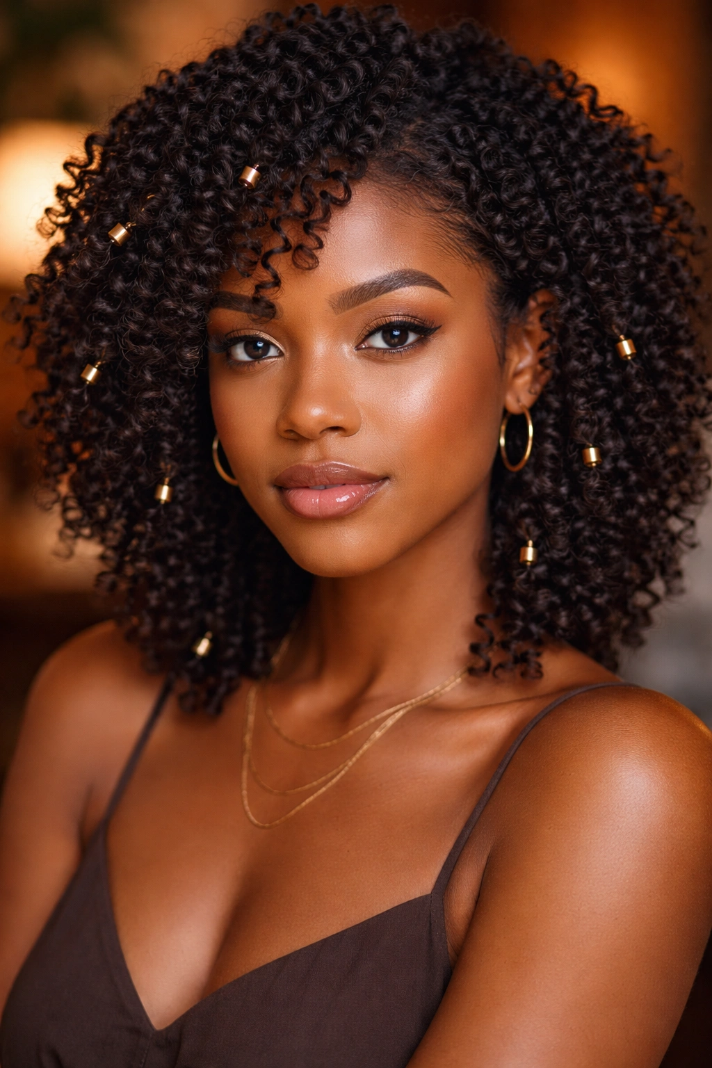 Close-up of tight curls with gold cuffs on coils.