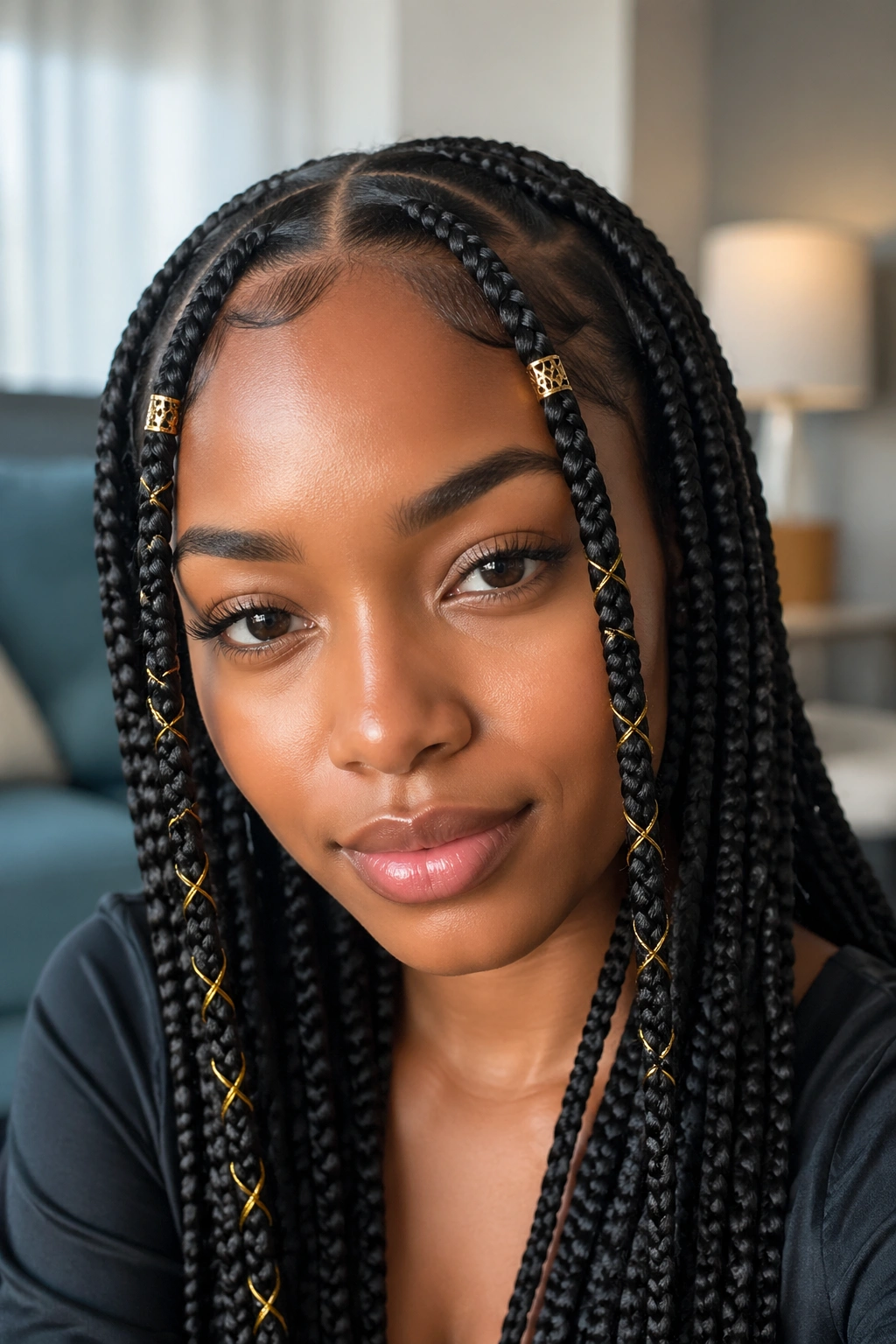 Close-up of a real woman with Fulani box braids accented with gold cuffs and thread