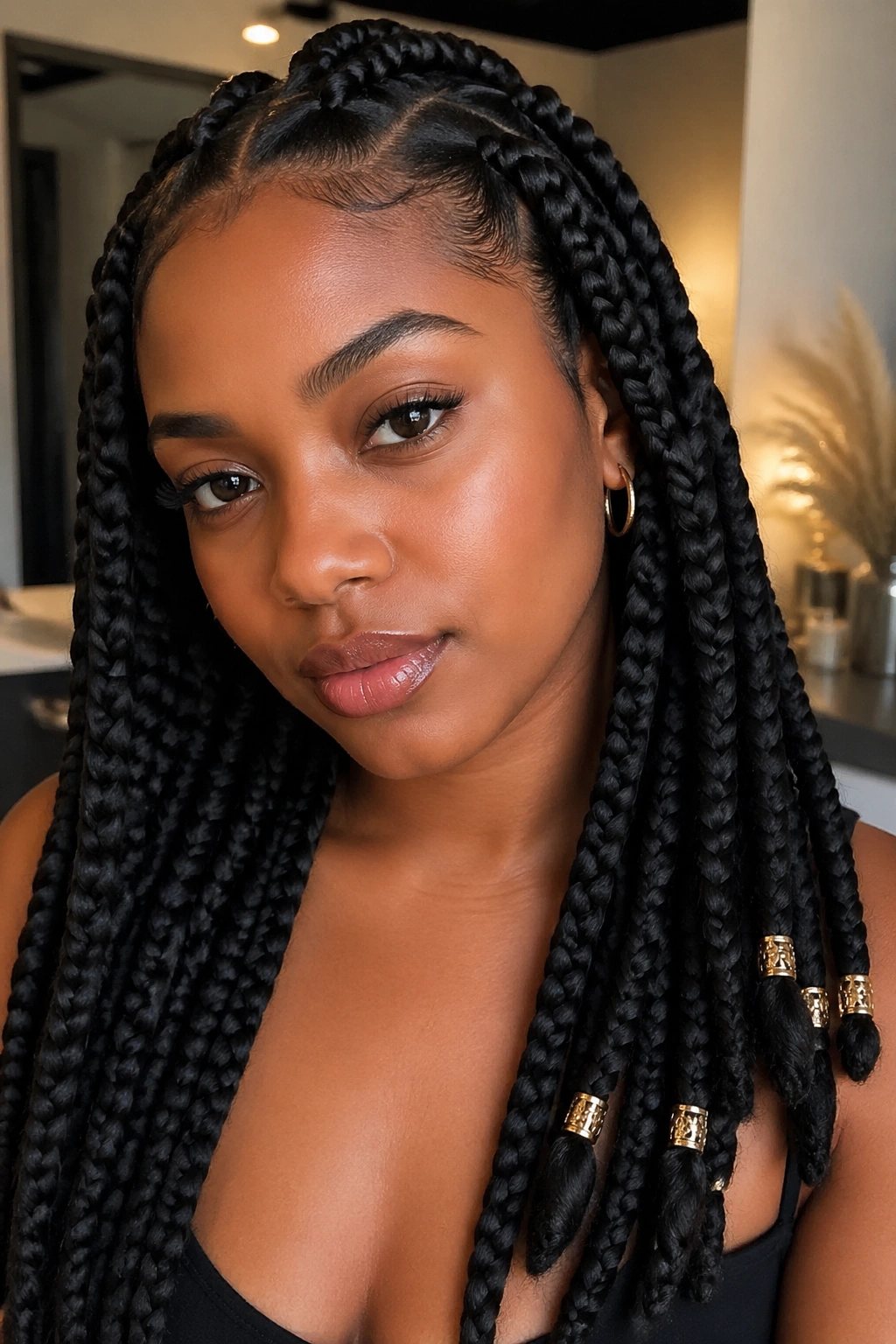 Real person with jumbo box braids accessorized with gold cuffs