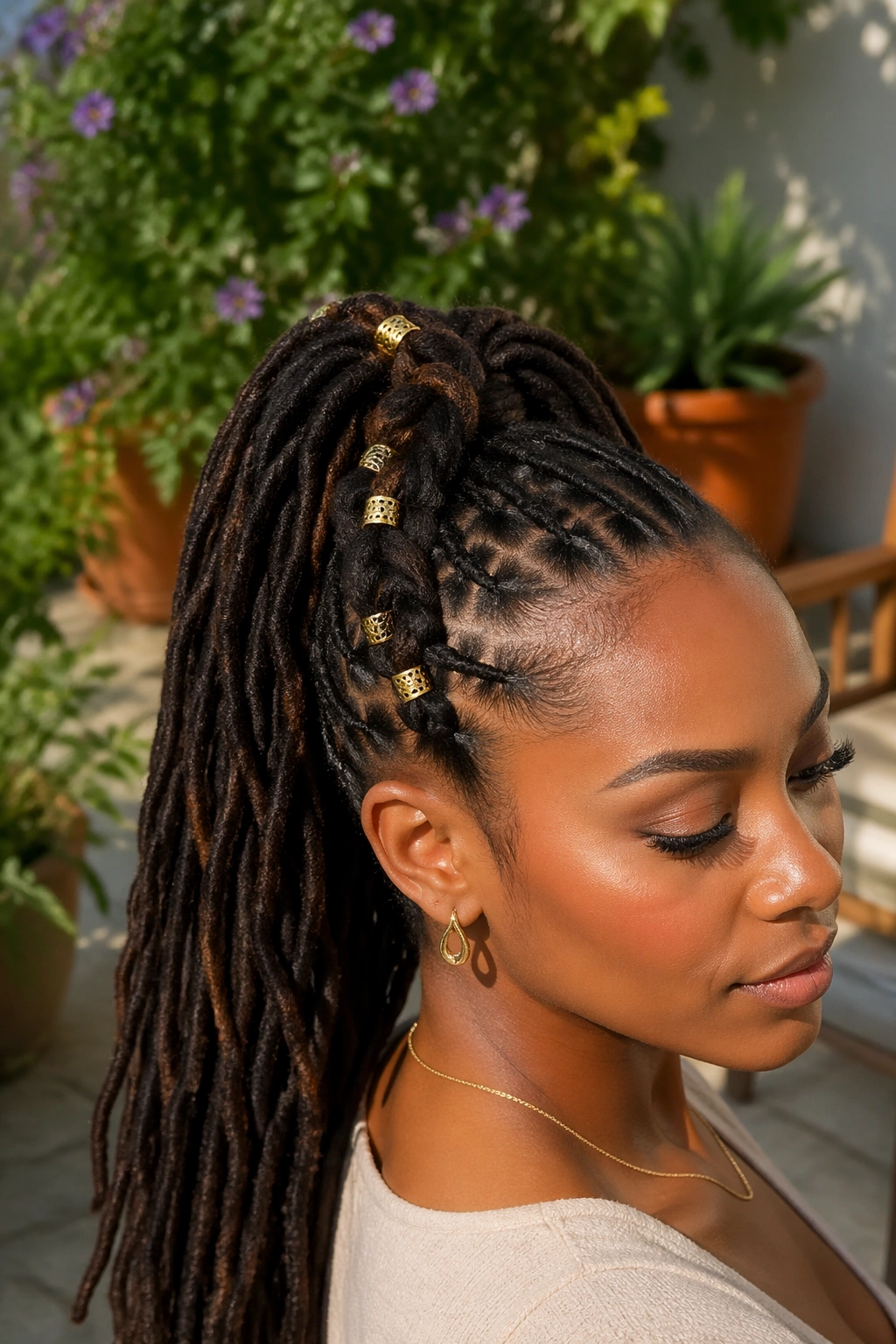Close-up of a real woman with a butterfly braid ponytail adorned with brass gold cuffs along the outer braids.