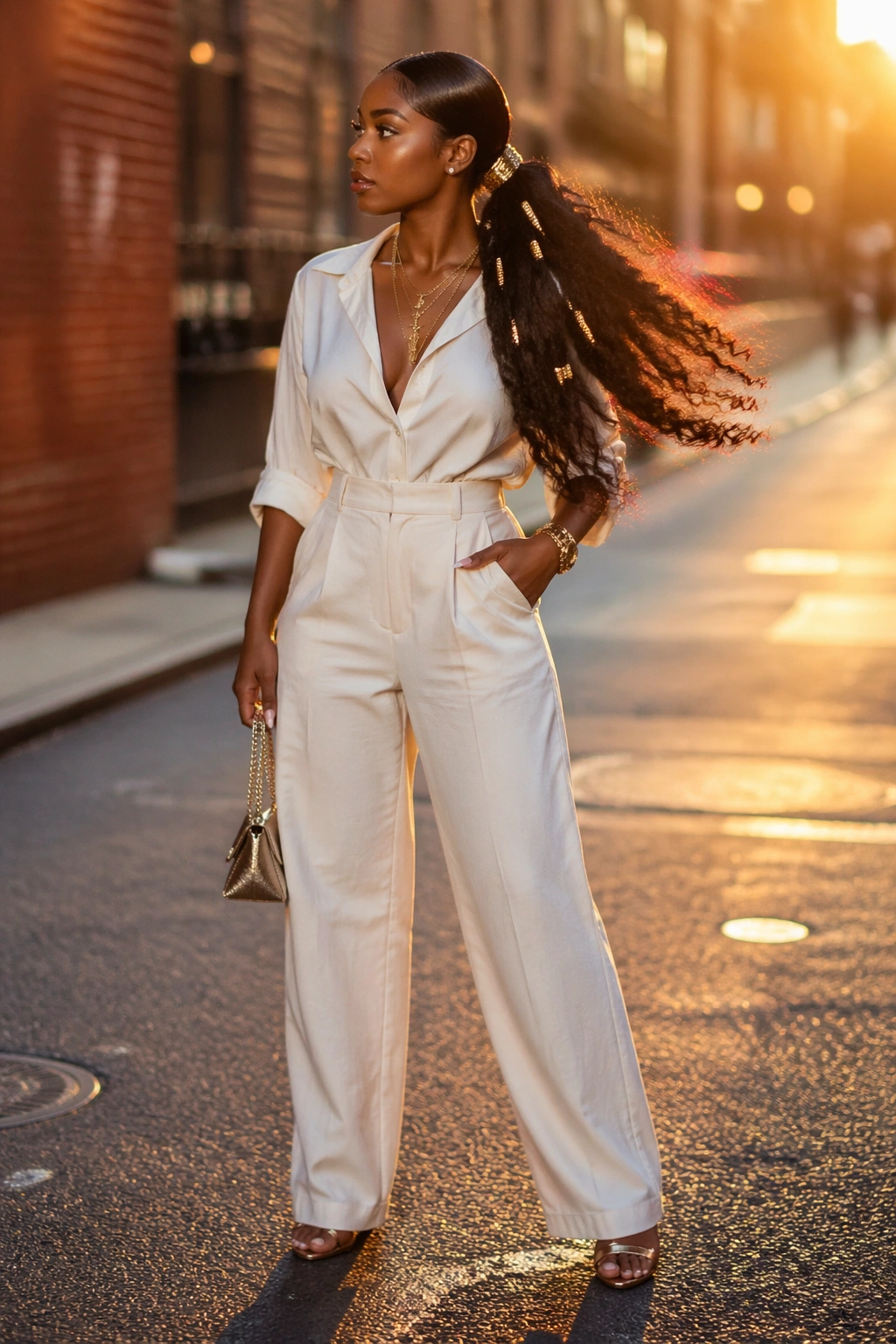 Ponytail with gold cuffs on city street at golden hour.