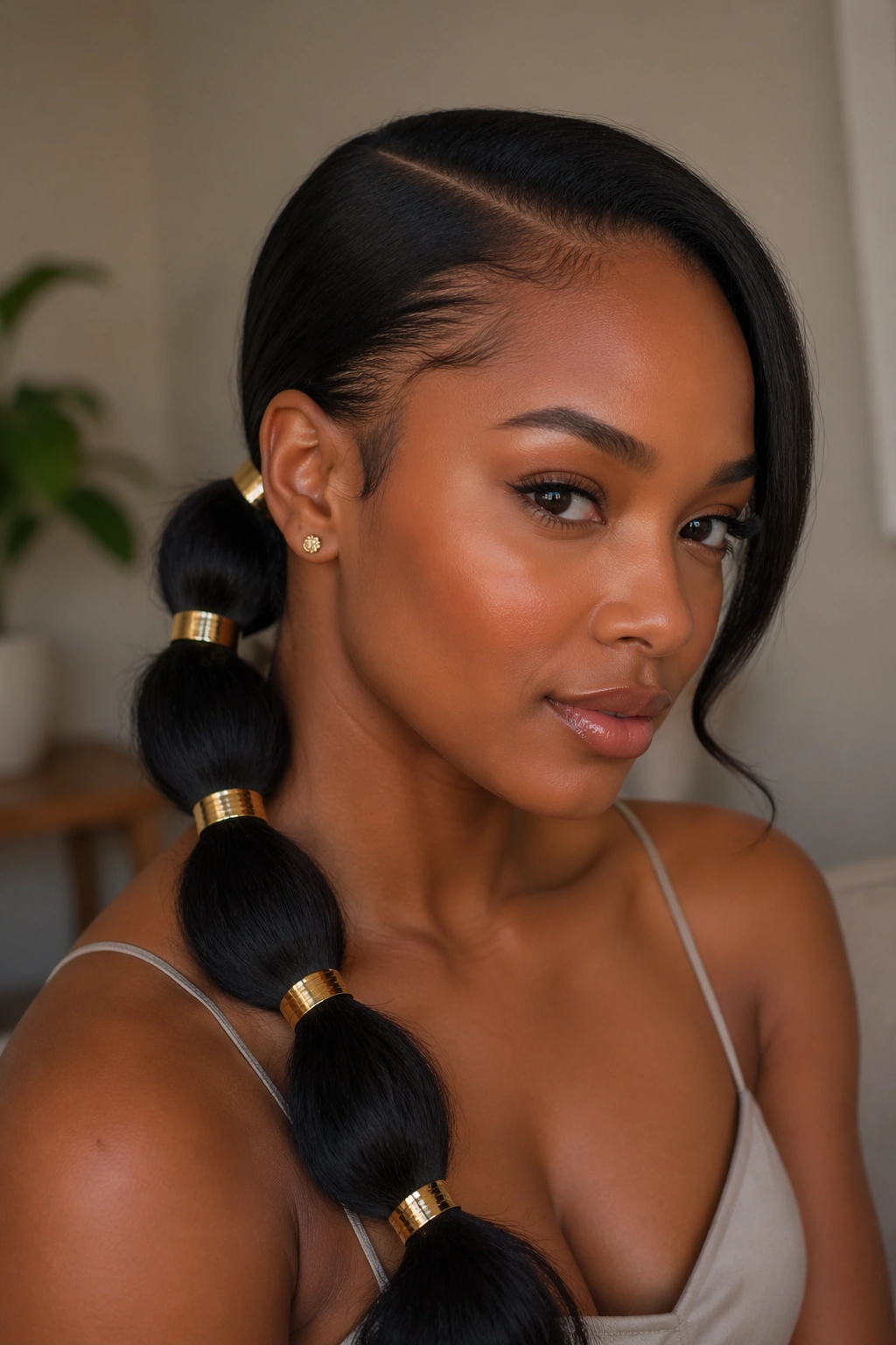 Close-up of a real Black woman with a side-part ponytail accented by gold cuffs and rings