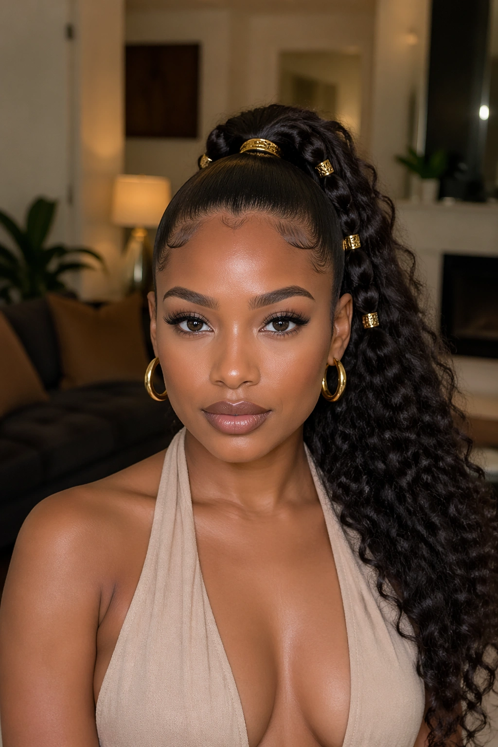 Real woman with a curly ponytail adorned with gold cuffs
