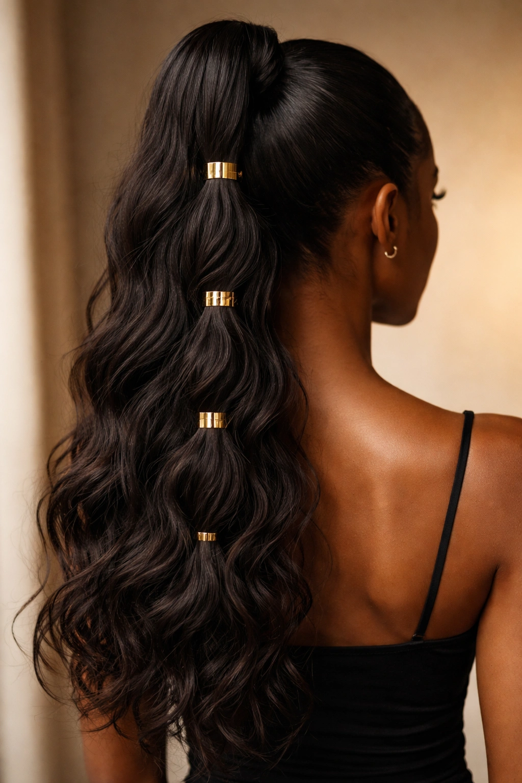 Back view of high ponytail with gold cuffs and small rings along the length