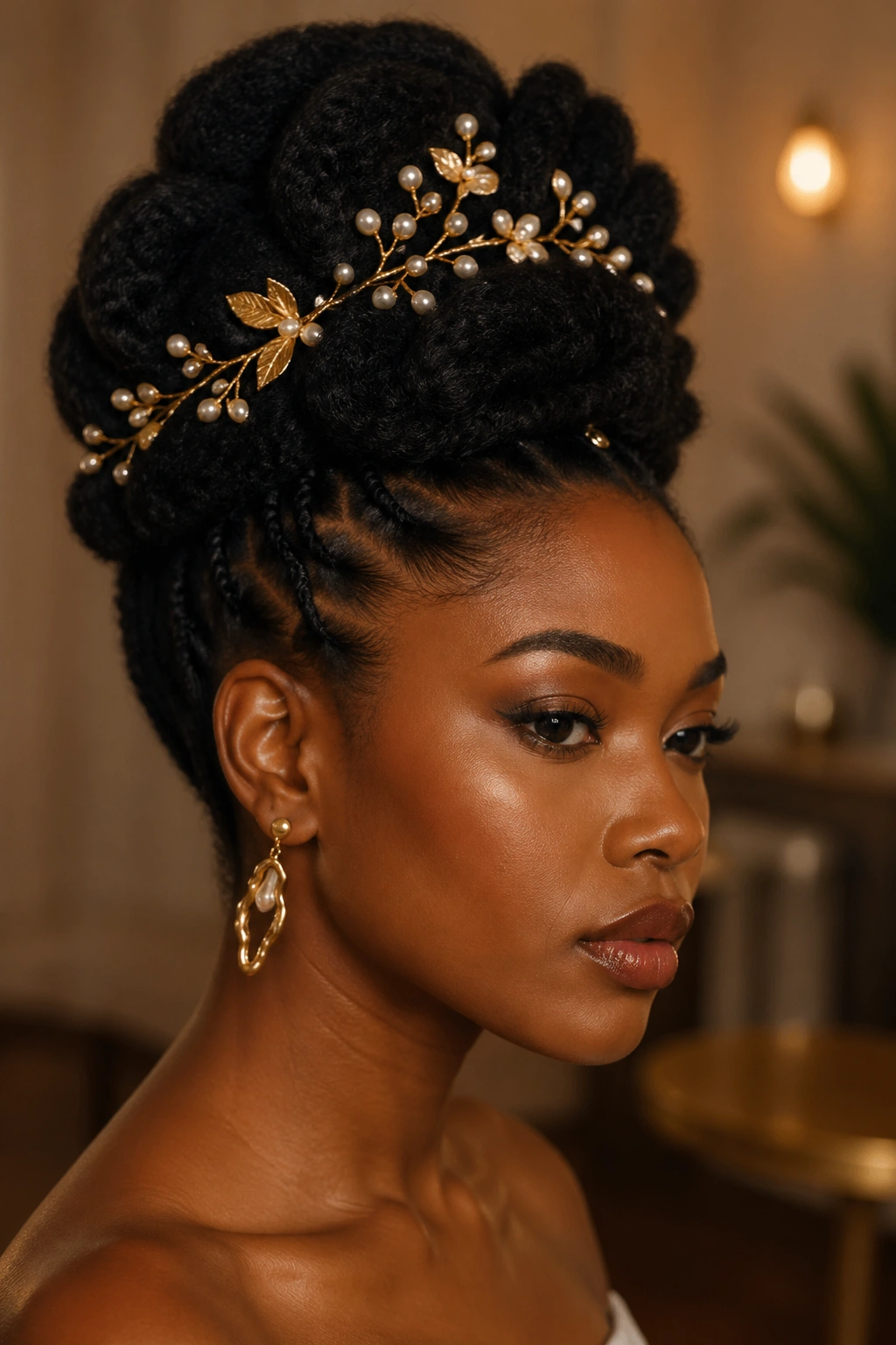 Afro updo with gold hair accessories in warm indoor light