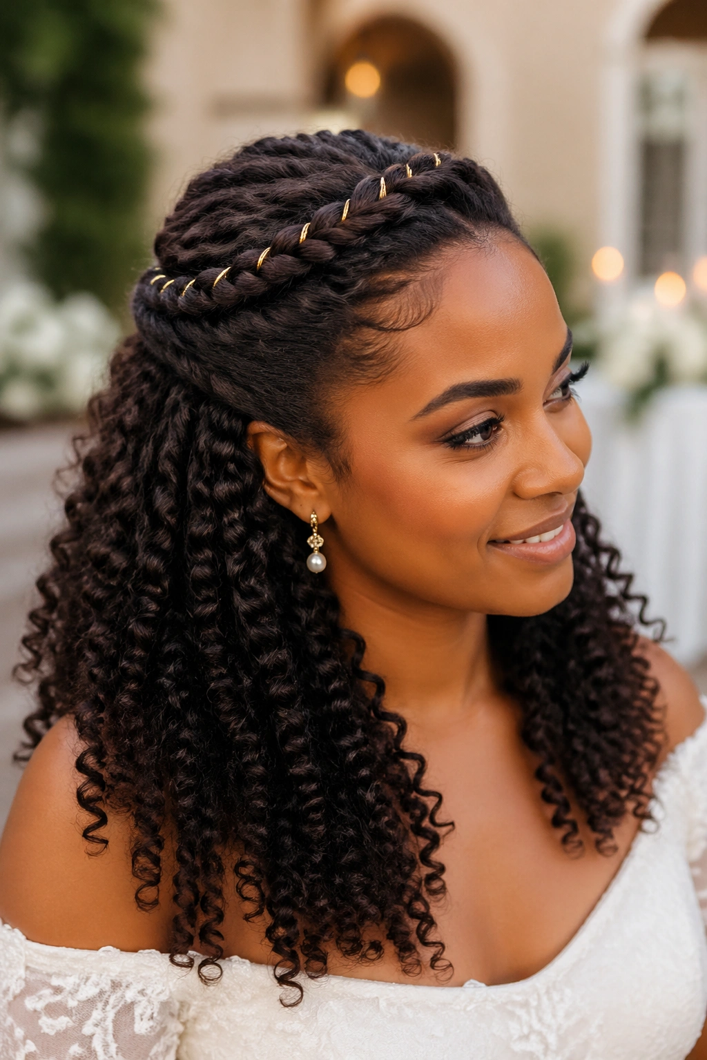 Close-up of a bride wearing a gold-thread rope twist half-up hairstyle