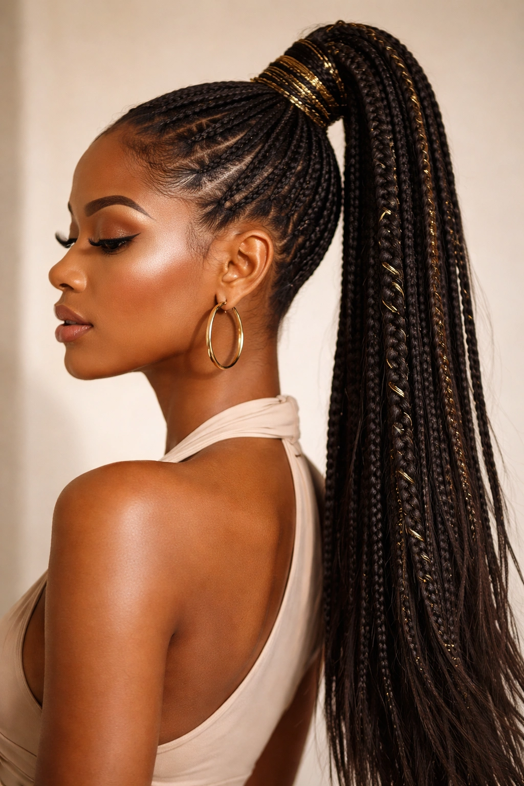 High ponytail with gold thread wrapped around braids.