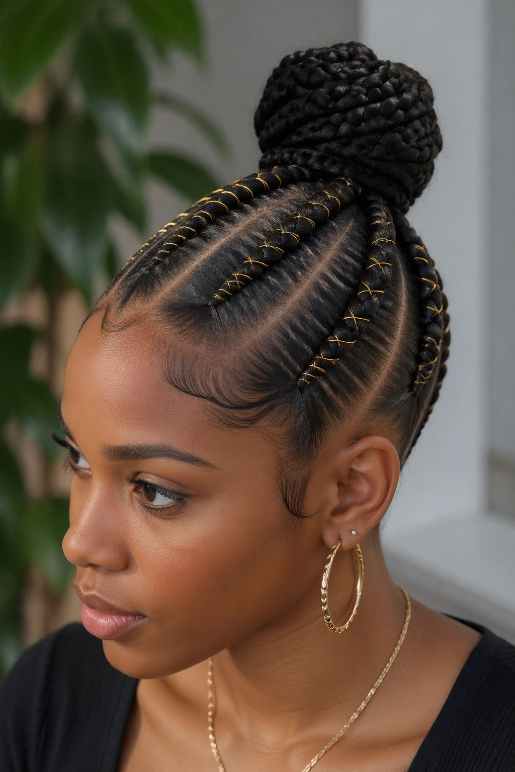 Real person with gold thread wrapped cornrows into a high bun