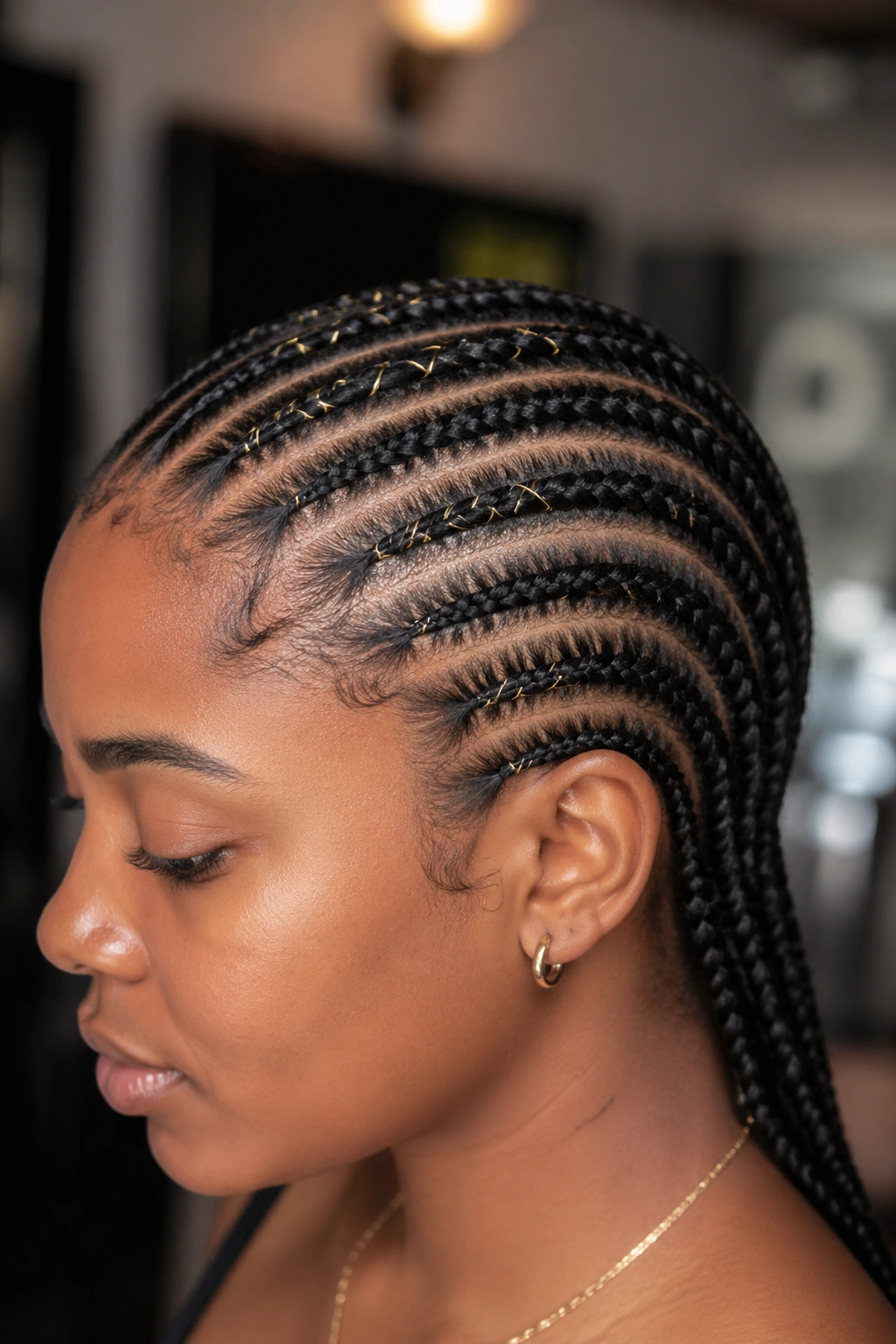 Close-up of a real woman with gold-thread cornrows in warm salon light