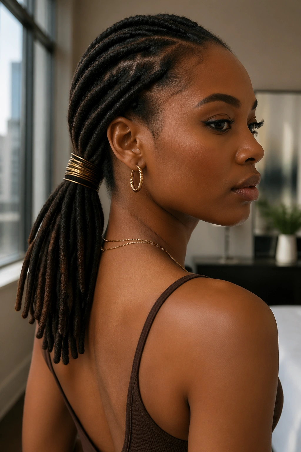 Close-up of gold-thread wrapped low ponytail on a real person with locs