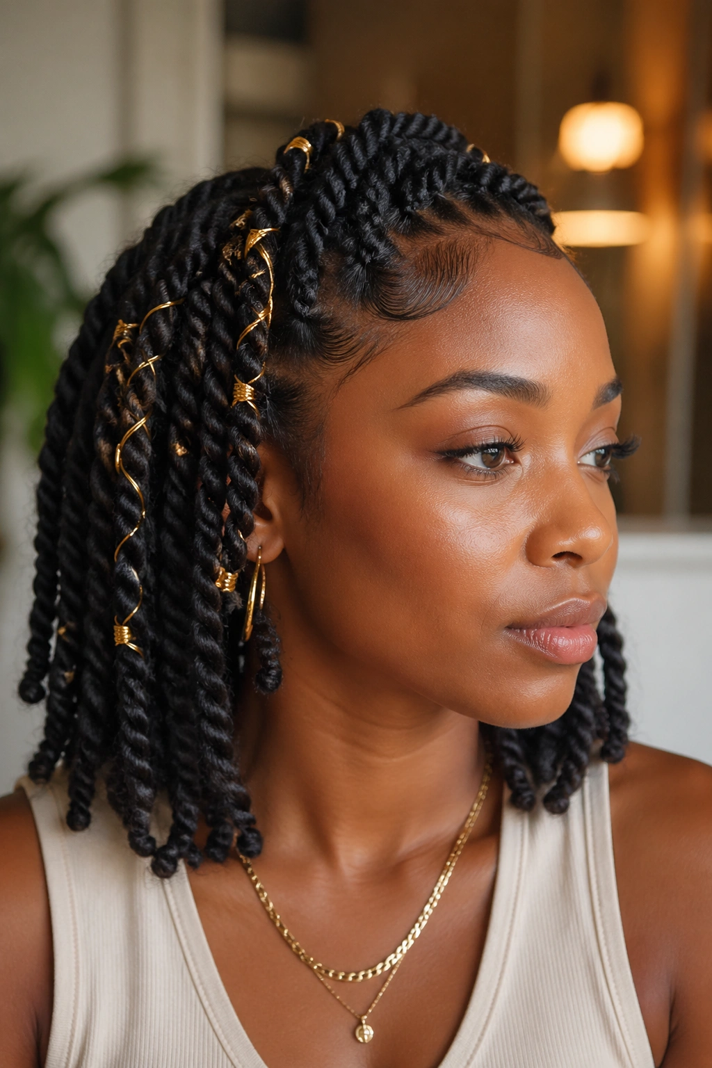 Close-up of twists with gold thread accents on a real woman
