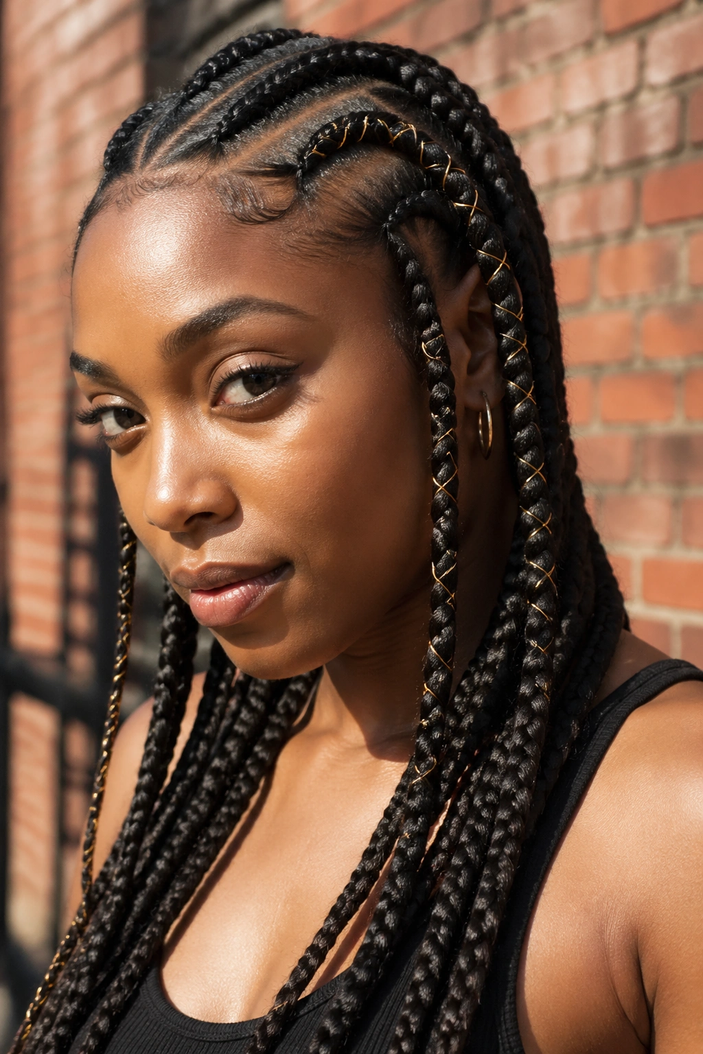 Real woman with Marley cornrows accented by gold wire
