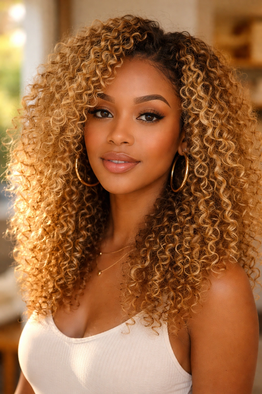 Close-up of real woman with golden-blonde 3c curls in warm light