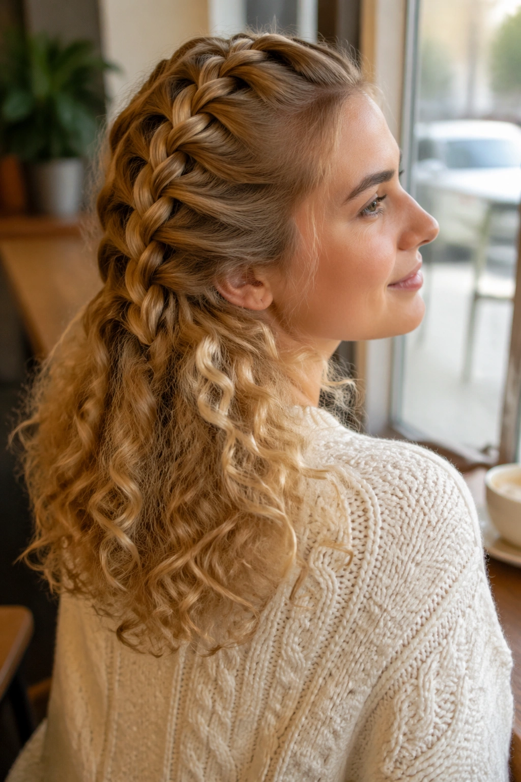 Medium close-up of a real woman with a golden blonde French braid ending in curly ends.